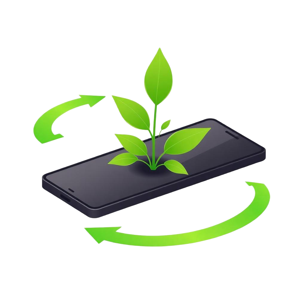 Illustration of a plant growing from a recycled smartphone surrounded by circular arrows
